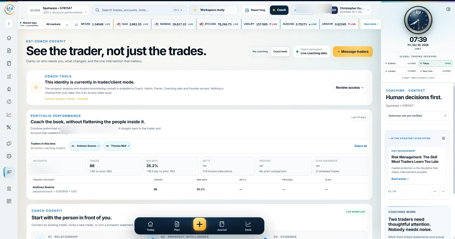 Real coach cockpit showing trader-level oversight and coaching performance context