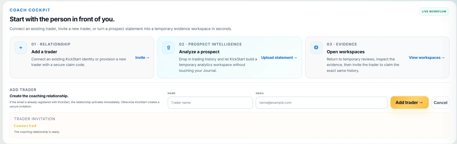 Real coach onboarding workflow with trader invitation and prospect analysis options