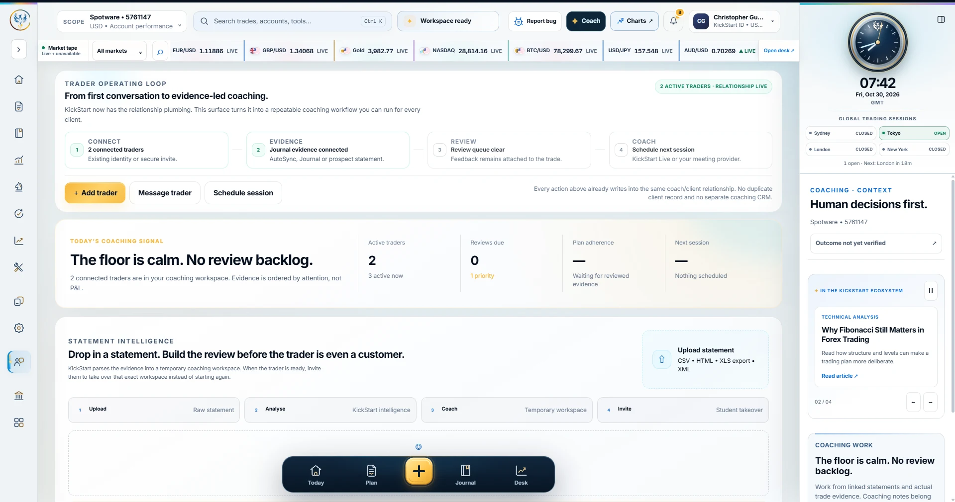 Real KickStart coaching operations screen, with connected traders and statement intelligence