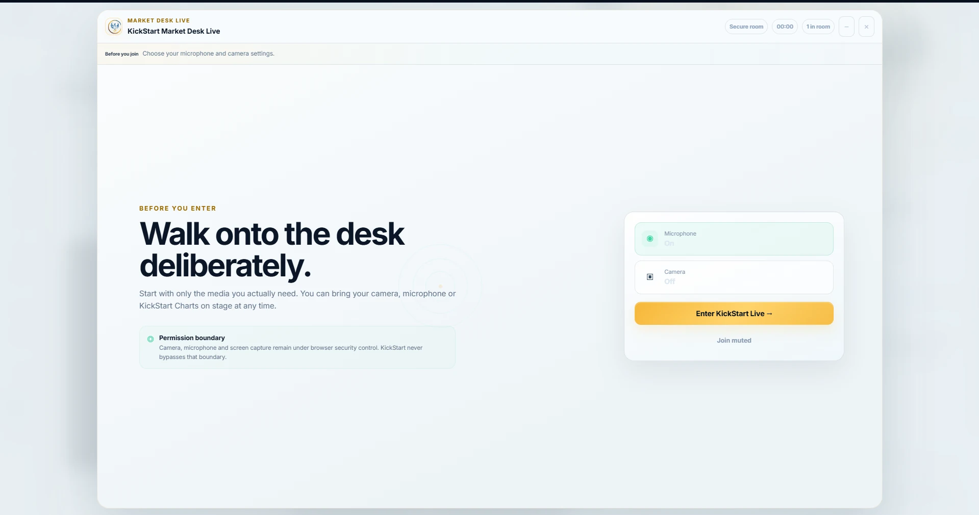 A deliberate entry experience: actual Market Desk LIVE screenshot