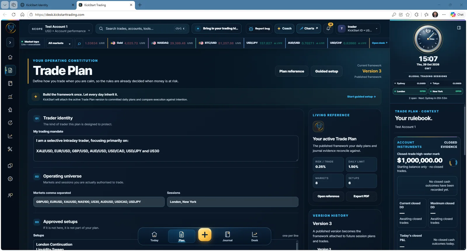 Actual KickStart Trading Desk plan inside the first implementation