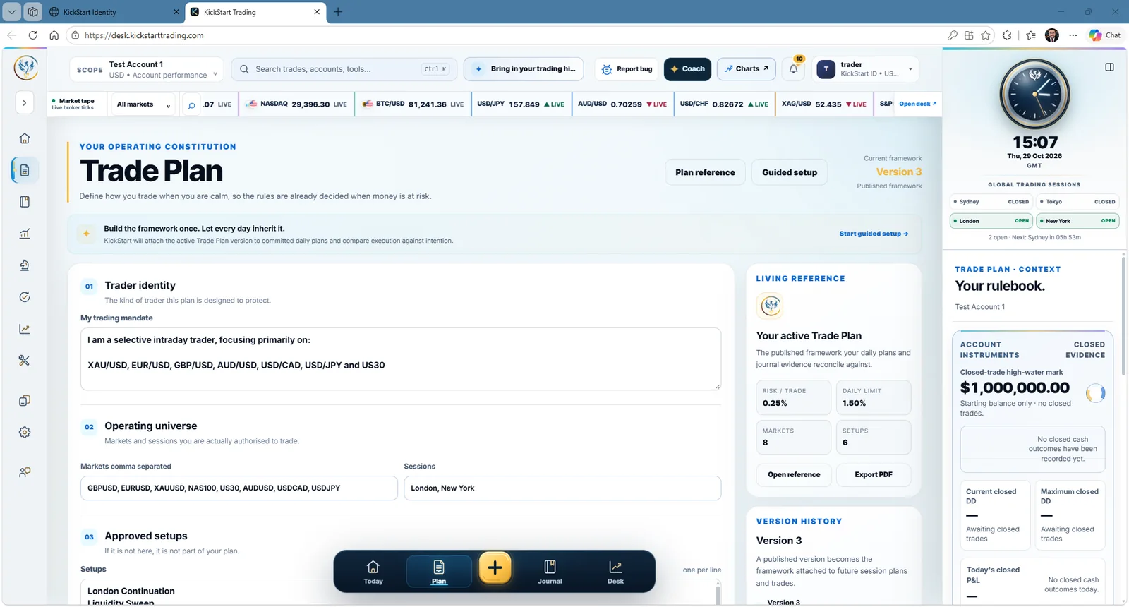 Real Trade Plan interface captured from KickStart Trading Desk